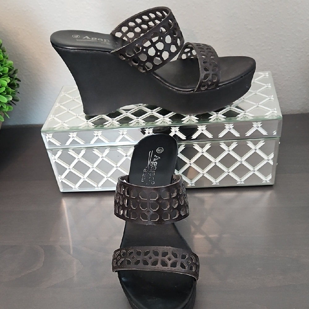 Black Wedge Sandals with Geometric Cut-Outs